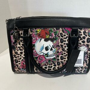 Ed Hardy Cheetah Skull and Roses Tattoo Design Satchel Crossbody/Purse Bag